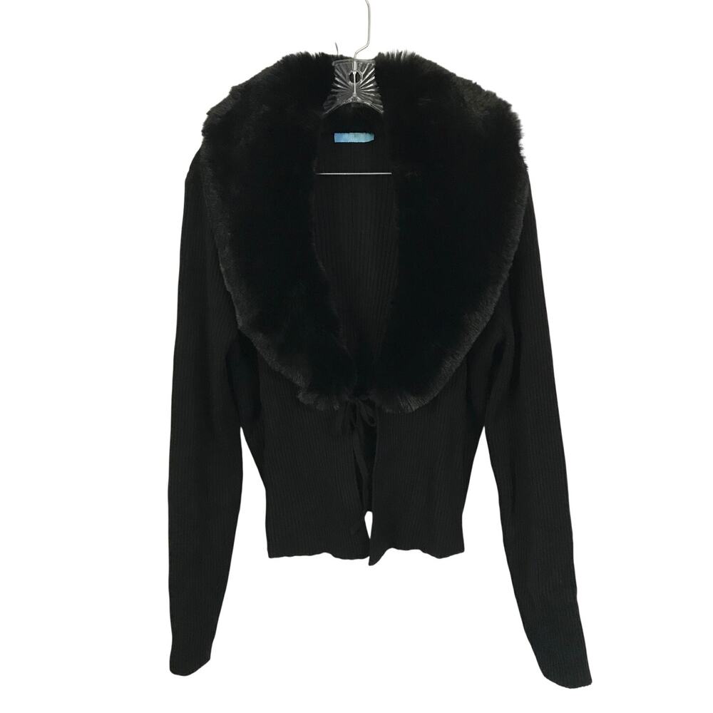 Draper James RSVP Sweater Large Womens Black Tie-Front Faux Fur Collar L
